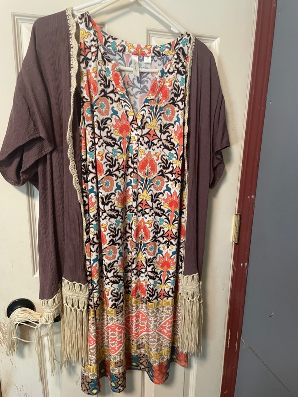 Tacera Floral Pattern Midi Dress with Mauve Fringe Cardigan
